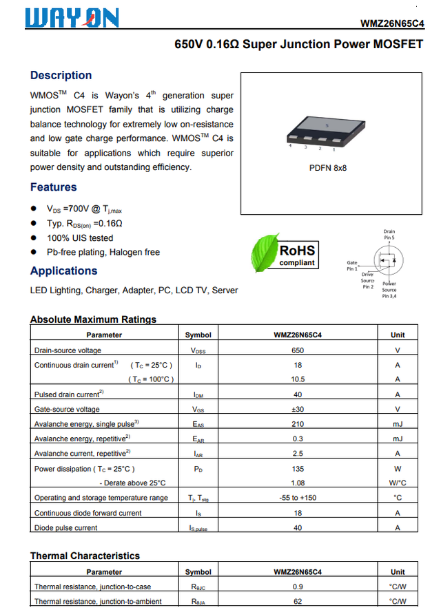 Wayon代理商，維安代理商，65W PD電源， 超結(jié)MOS管WMZ26N65C4 ， 同步整流管WMB085N10LG2