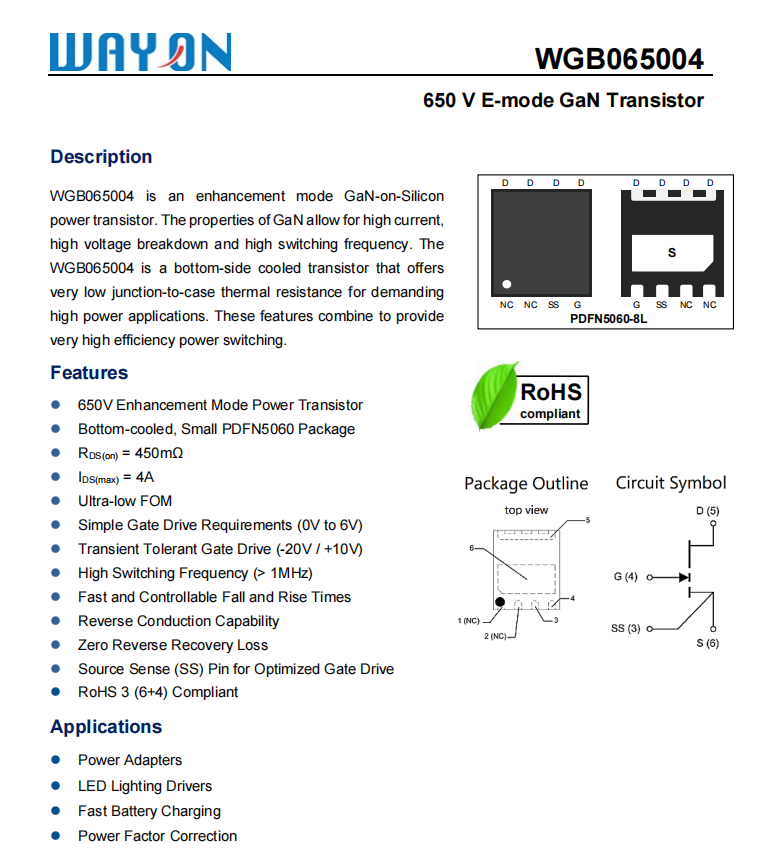 Wayon代理，維安代理，WGB065004，氮化鎵芯片， 650 V E-mode GaN Transistor