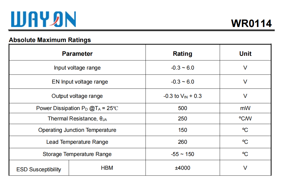 Wayon代理商，維安代理商，超低功耗0.7UA， CMOS LDO穩(wěn)壓器，WR0114系列， WR0114-33A50R， WR0114-30A50R