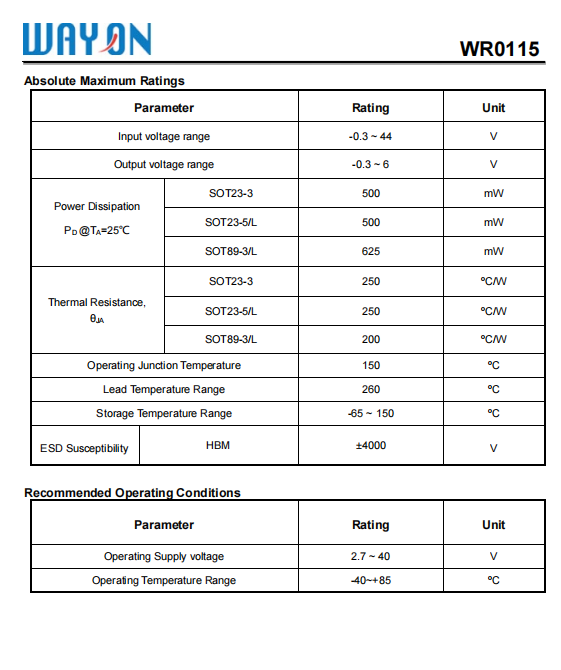 Wayon代理商，維安代理商，40V 150mA高壓穩(wěn)壓器LDO， WR0115系列， WR0115-33A30R ，WR0115-33A50R ，WR0115-33A20R