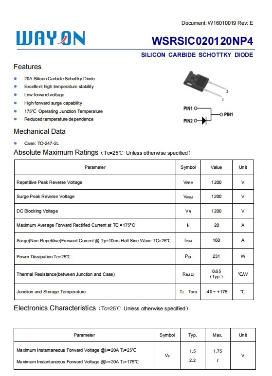 Wayon碳化硅肖特基二極管，維安碳化硅肖特基二極管，SIC碳化硅肖特基二極管，WSRSIC020120NP4，WSRSIC040120NP8.png